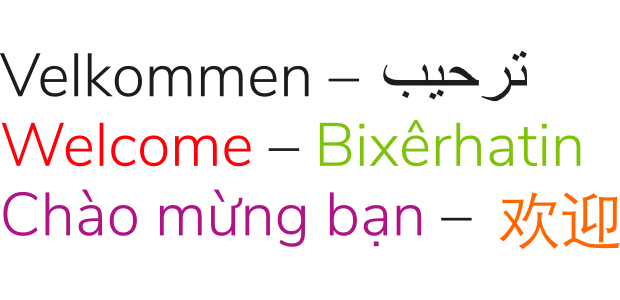 Der står velkommen på 6 sprog: dansk, arabisk, engelsk, tyrkisk, vietnamesisk og kinesisk.